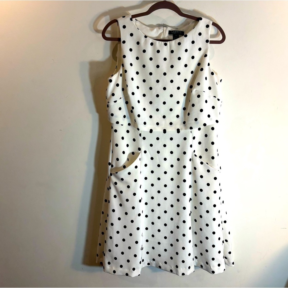 LAUREN RALPH LAUREN Sz 14 Polka Dot Sleeveless Dress With Pockets Flare Skirt